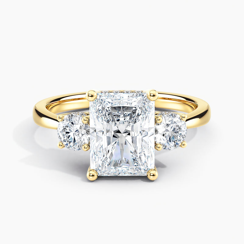 Tapered Three Stone Hidden Halo Radiant Diamond Engagement Ring