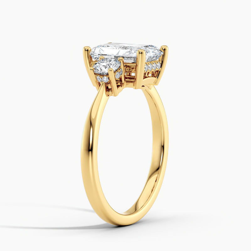 Tapered Three Stone Hidden Halo Radiant Diamond Engagement Ring