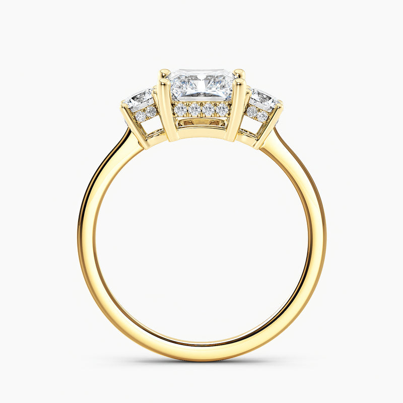 Tapered Three Stone Hidden Halo Radiant Diamond Engagement Ring