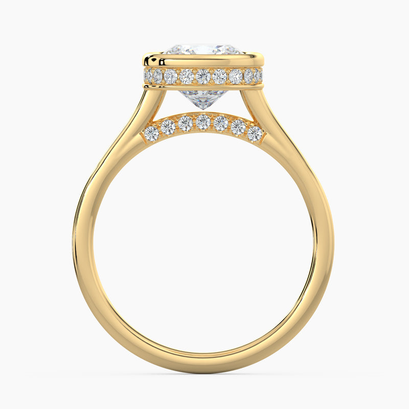Bezel Unique Cushion Diamond Hidden Halo Engagement Ring