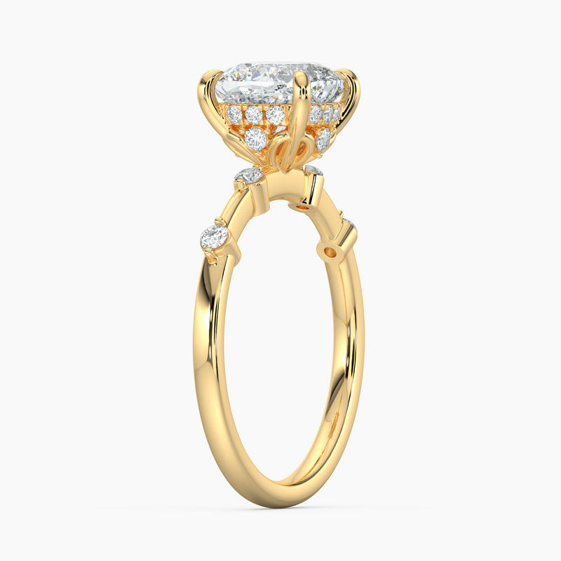 Petite Cushion Diamond Station Hidden Halo Engagement Ring