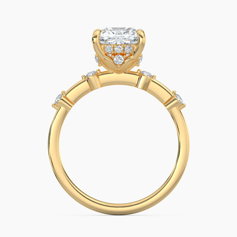 Petite Cushion Diamond Station Hidden Halo Engagement Ring