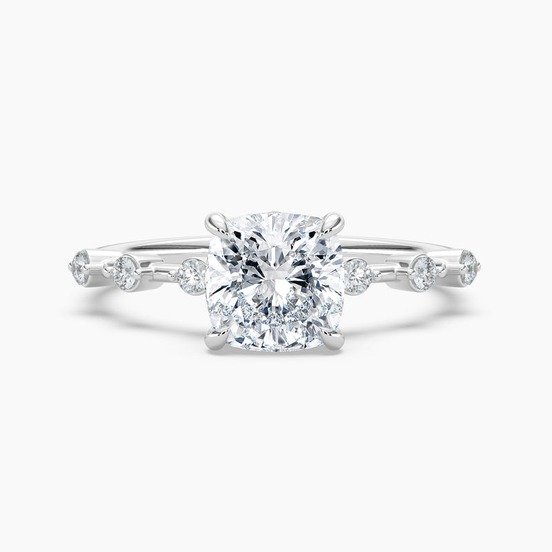 Cushion Diamond Station Hidden Halo Engagement Ring