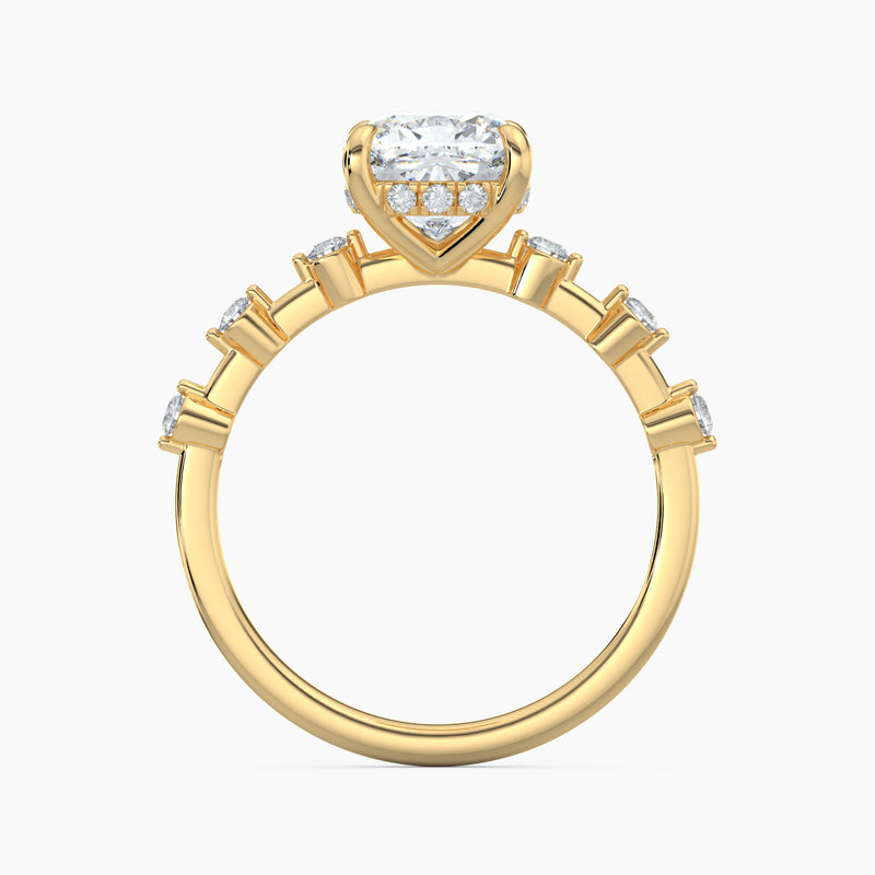 Cushion Diamond Station Hidden Halo Engagement Ring