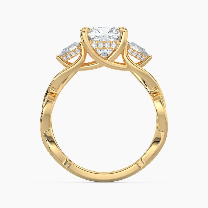 Thorn Vine Three Stone Cushion Diamond Hidden Halo Engagement Ring