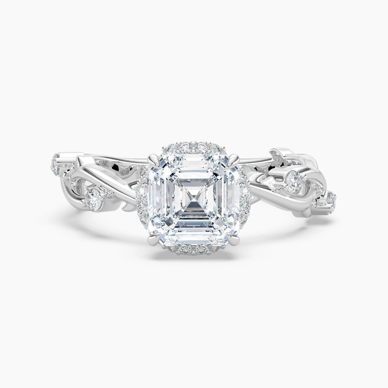 Asscher Diamond Twisted Vine Loop Diamond Halo Engagement Ring