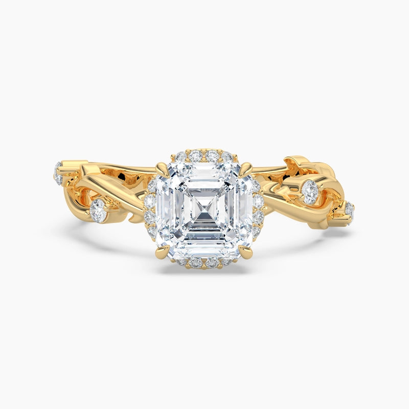 Asscher Diamond Twisted Vine Loop Diamond Halo Engagement Ring