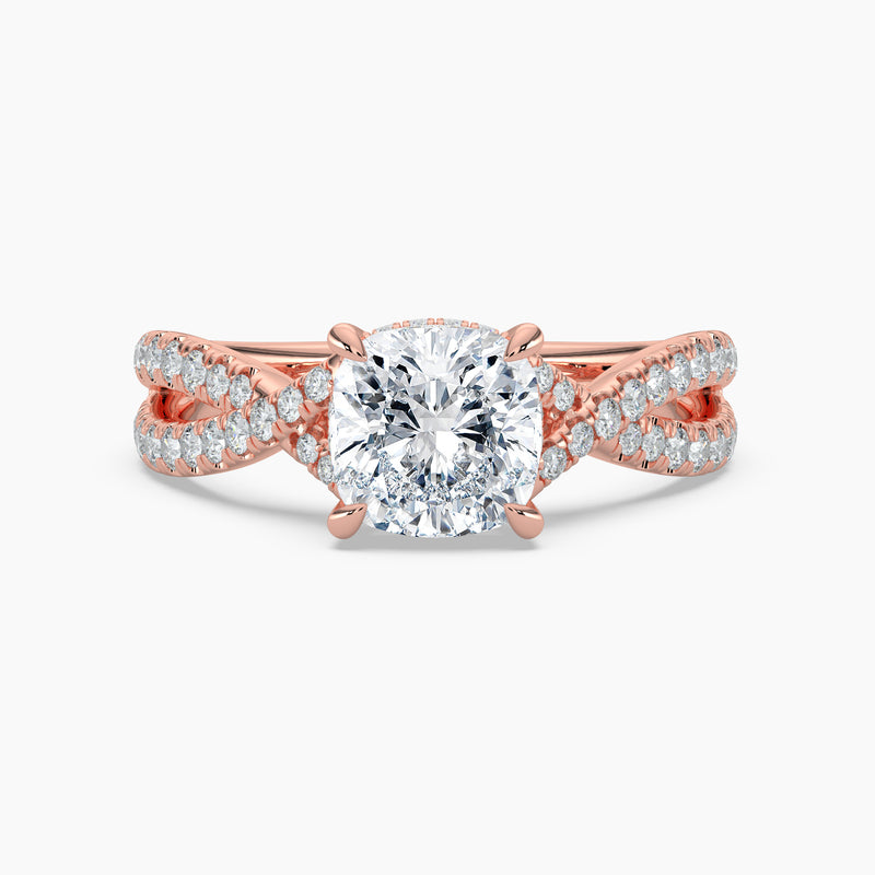Cross Over Cushion Diamond Double Hidden Halo Engagement Ring