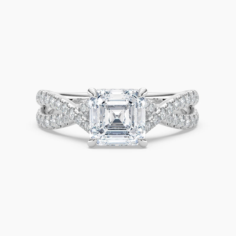 Asscher Diamond Cross Over Double Hidden Halo Engagement Ring