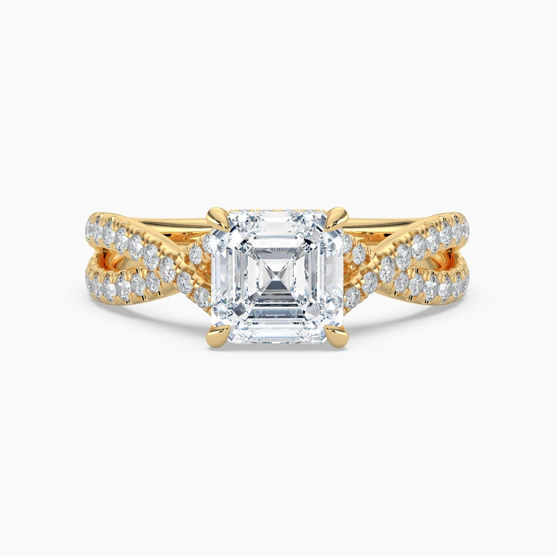 Asscher Diamond Cross Over Double Hidden Halo Engagement Ring