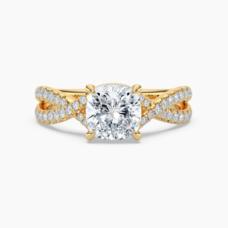 Cross Over Cushion Diamond Double Hidden Halo Engagement Ring