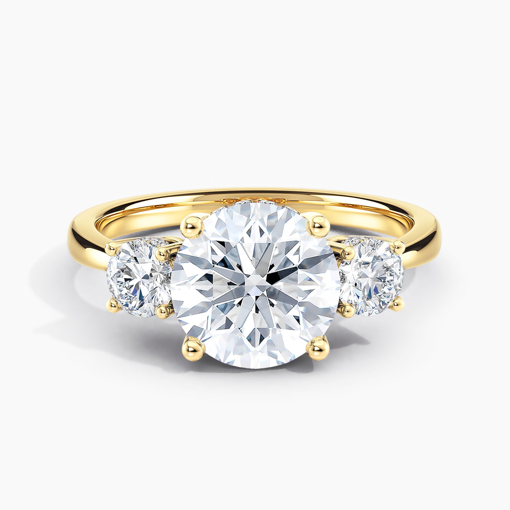 Tapered Three Stone Round Diamond Hidden Halo Engagement Ring