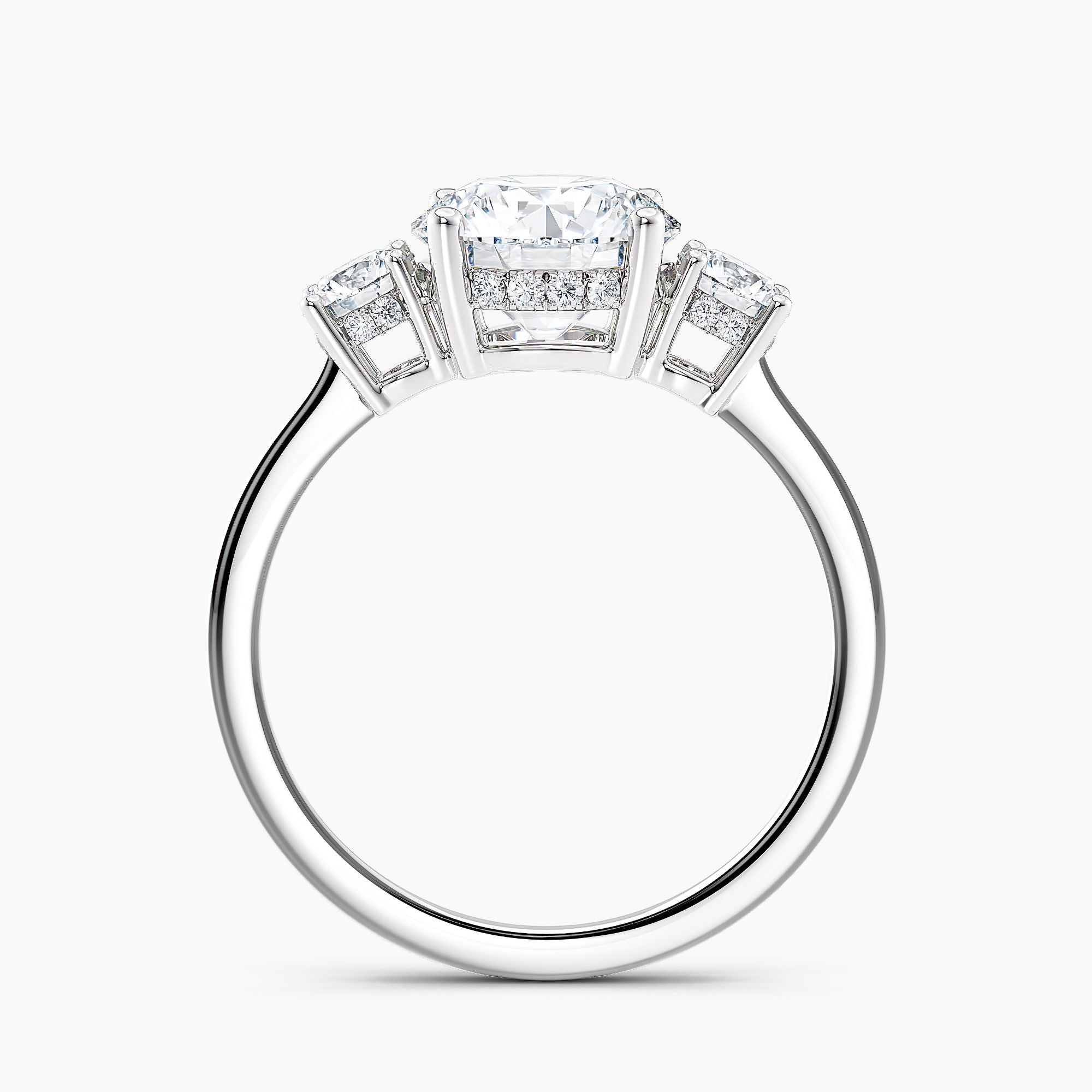 Tapered Three Stone Round Diamond Hidden Halo Engagement Ring