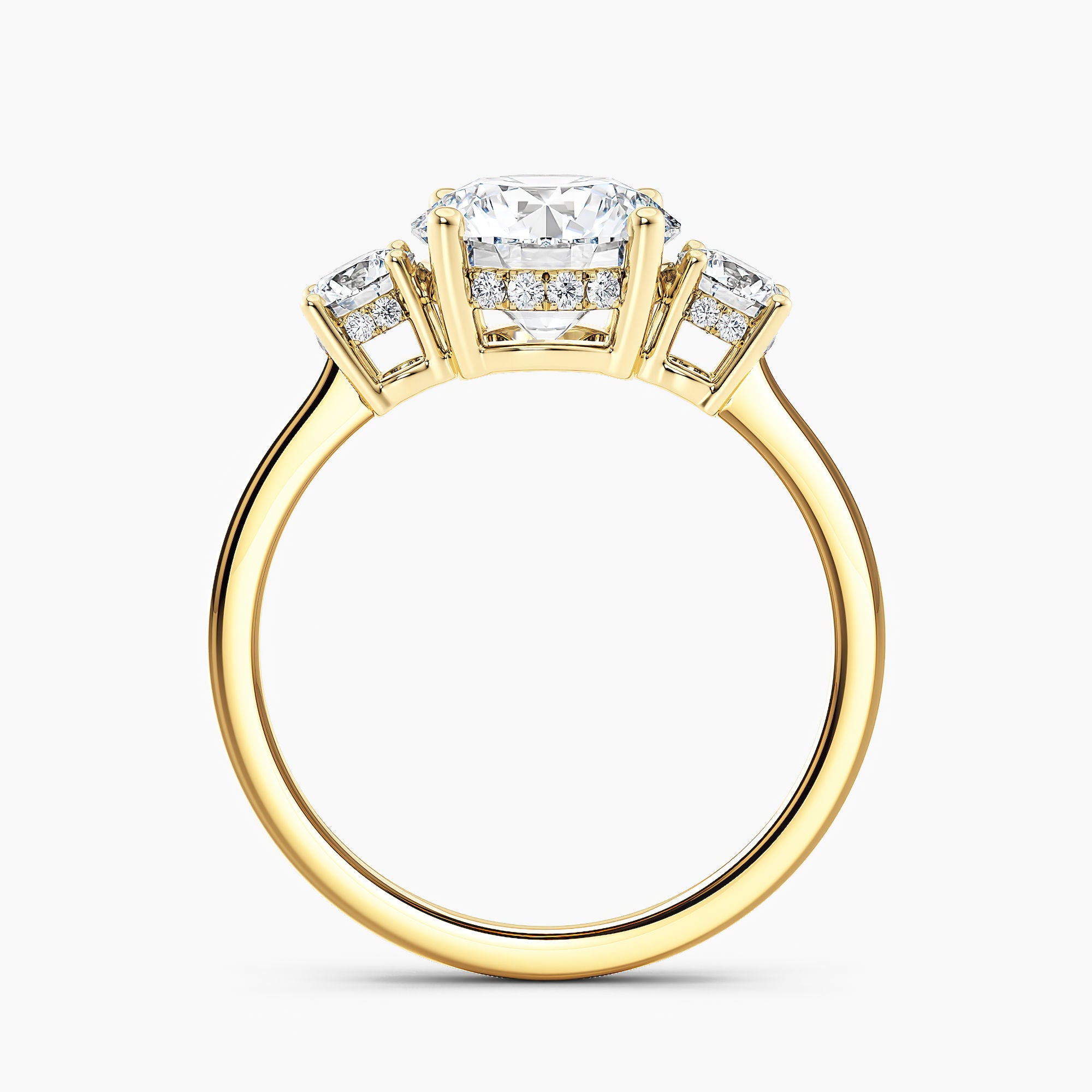 Tapered Three Stone Round Diamond Hidden Halo Engagement Ring