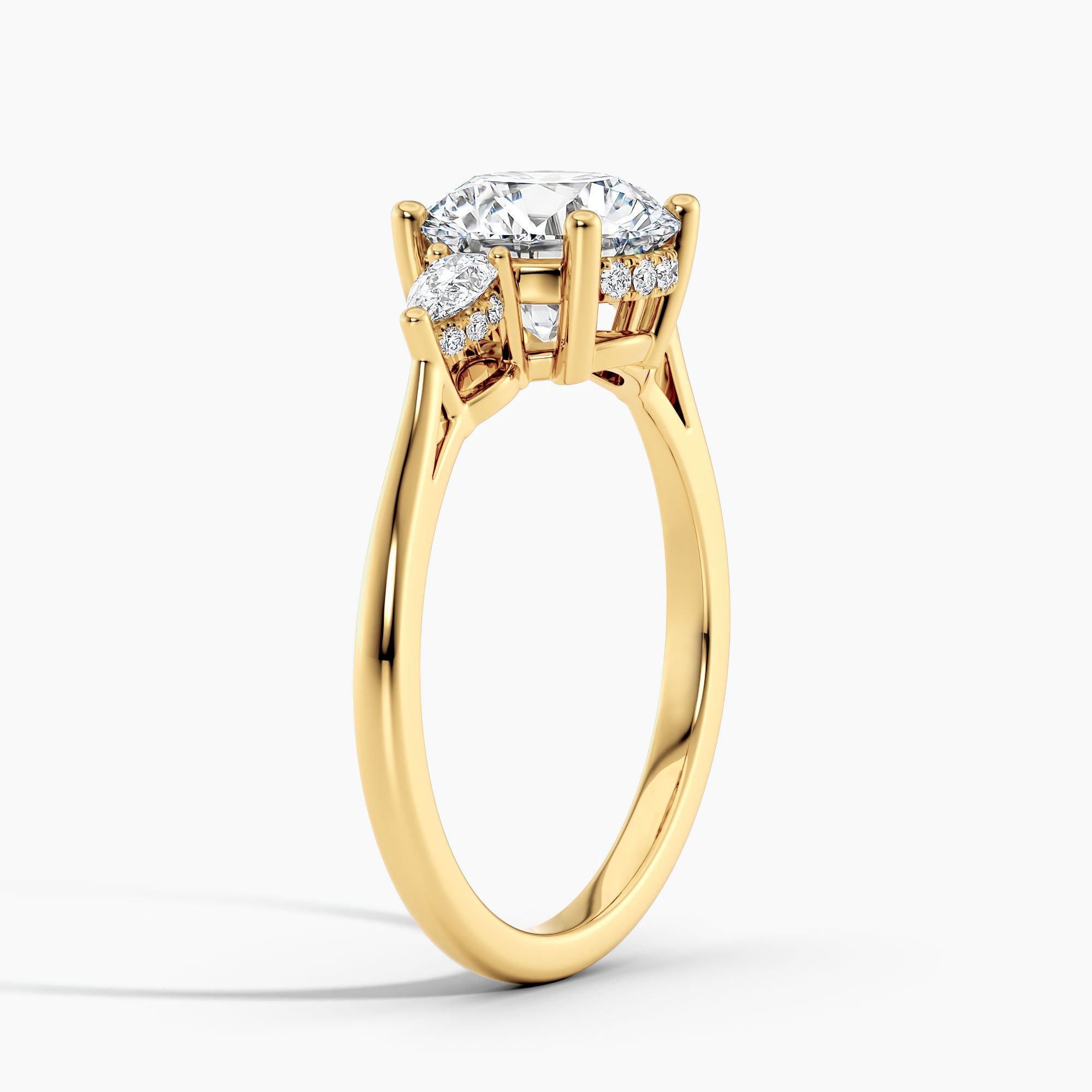 Petite Modern Three Stone Round Diamond Hidden Halo Engagement Ring