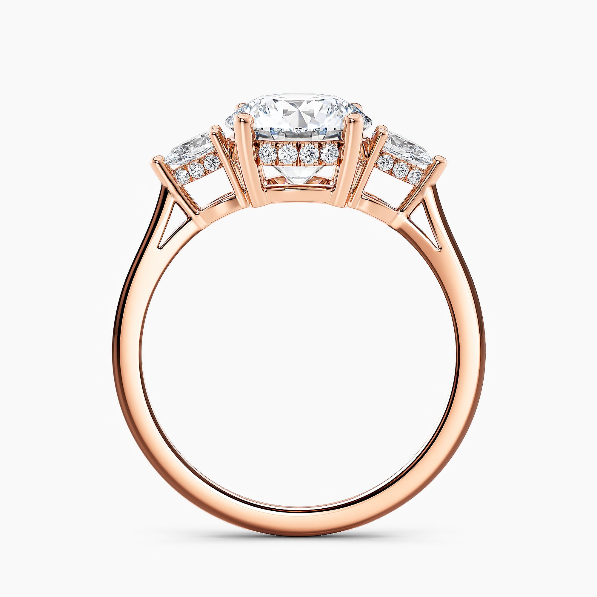 Petite Modern Three Stone Round Diamond Hidden Halo Engagement Ring