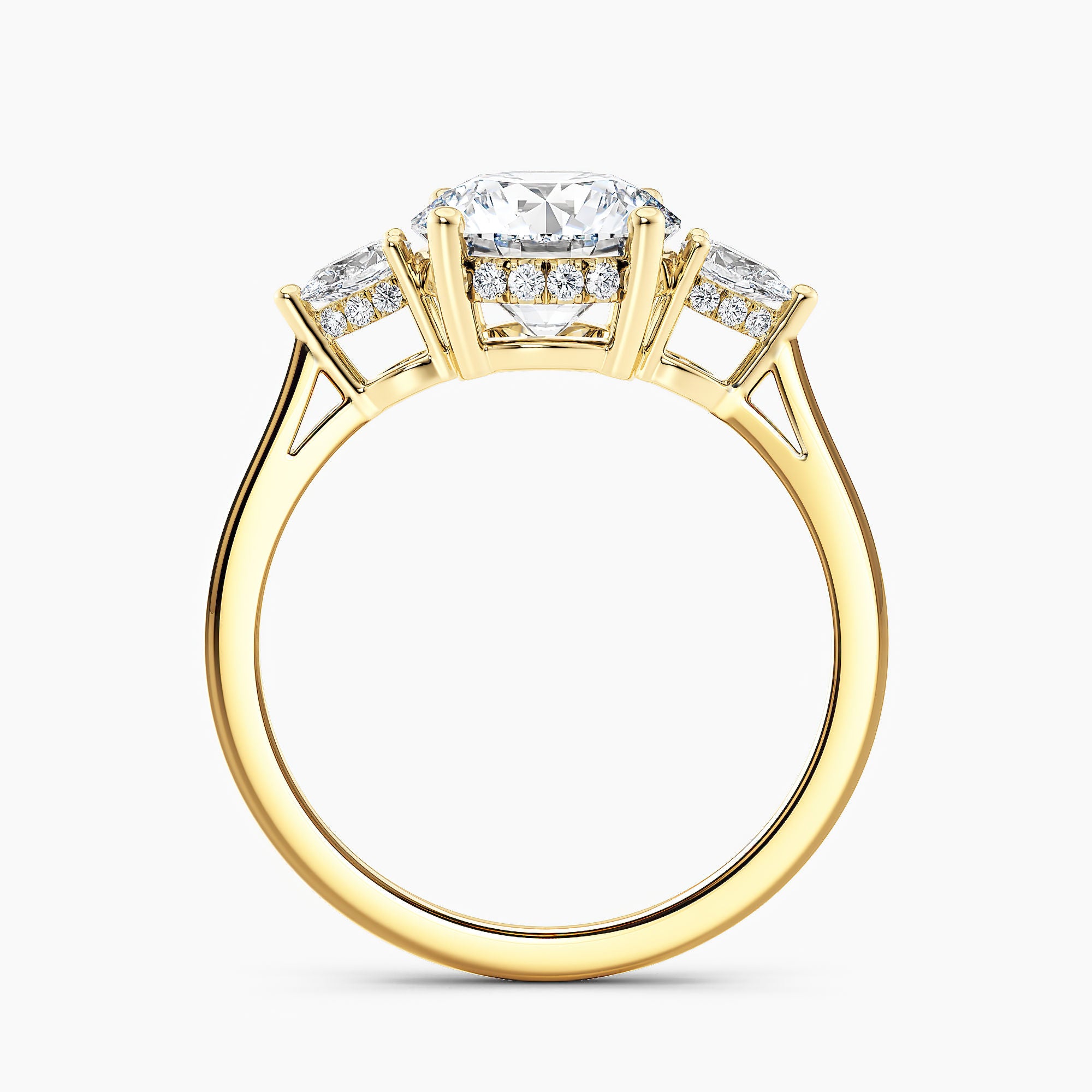 Petite Modern Three Stone Round Diamond Hidden Halo Engagement Ring