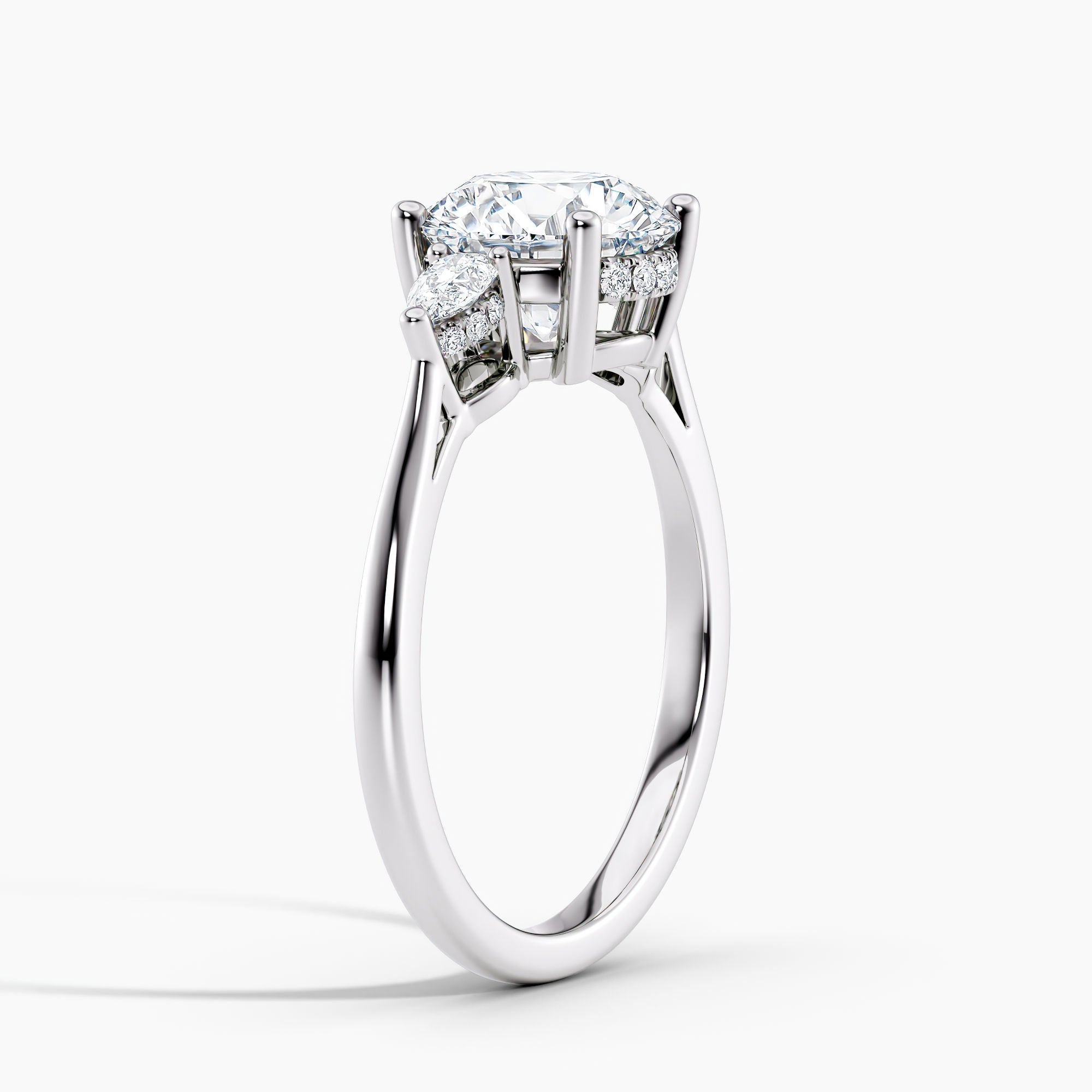 Petite Modern Three Stone Round Diamond Hidden Halo Engagement Ring