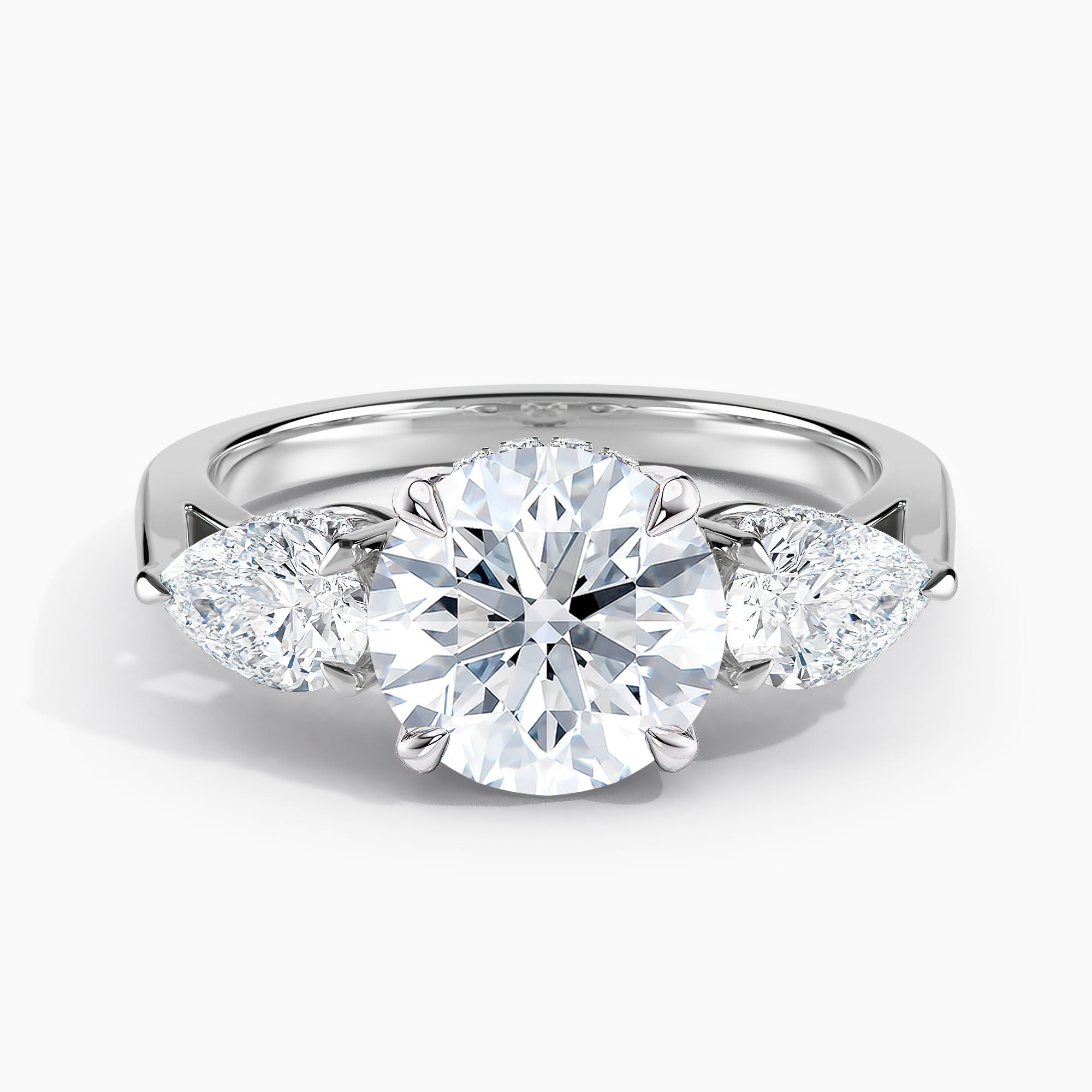 Modern Three Stone Hidden Halo Engagement Ring