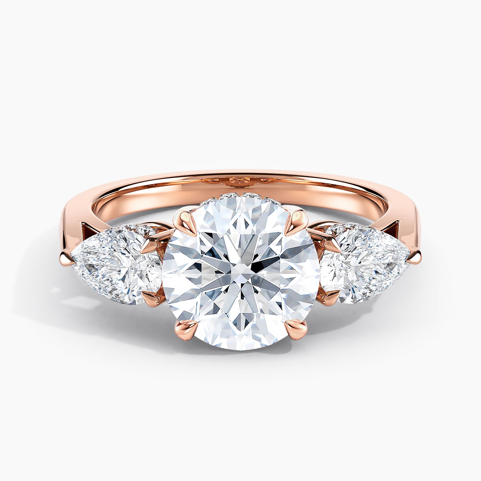 Modern Three Stone Hidden Halo Engagement Ring