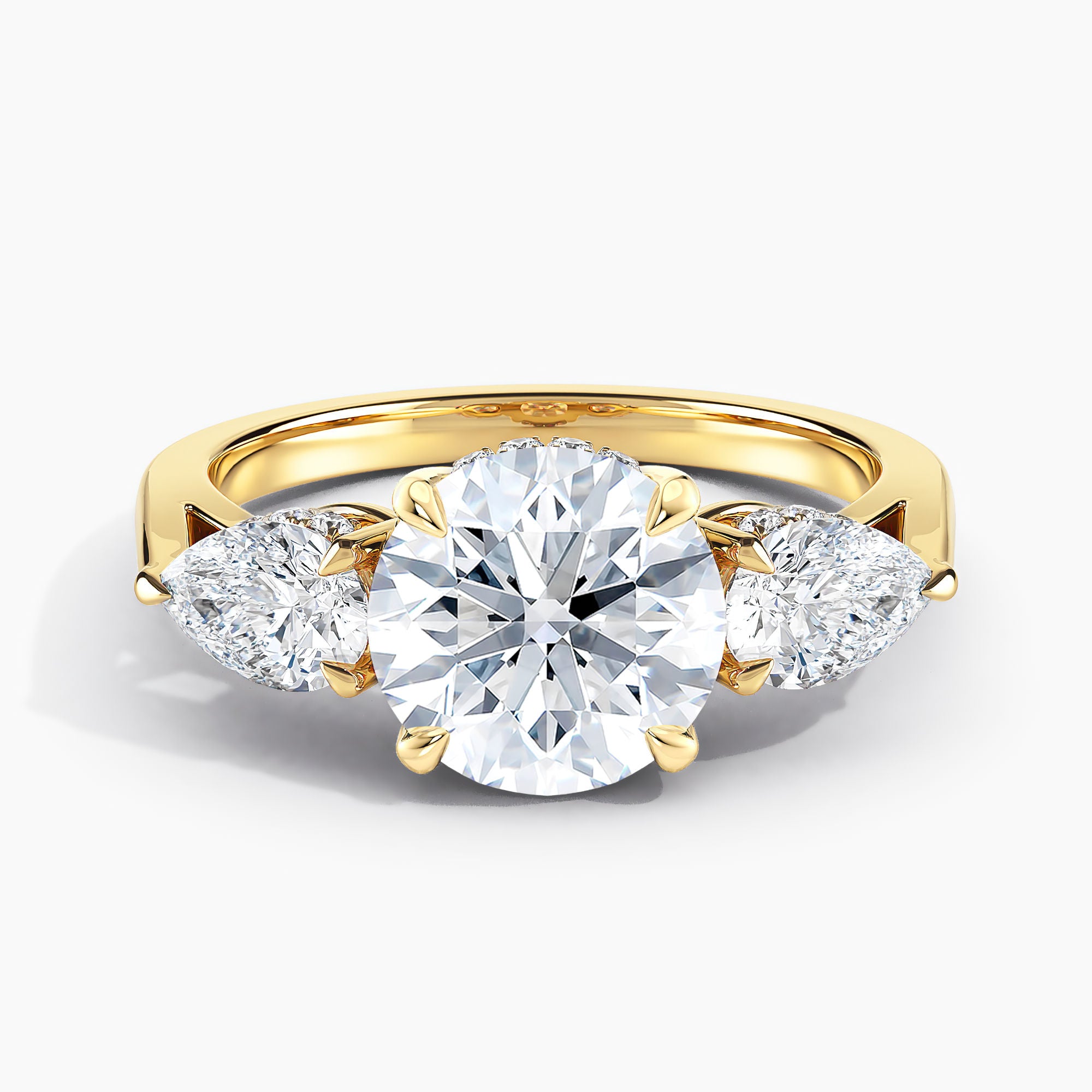 Modern Three Stone Hidden Halo Engagement Ring
