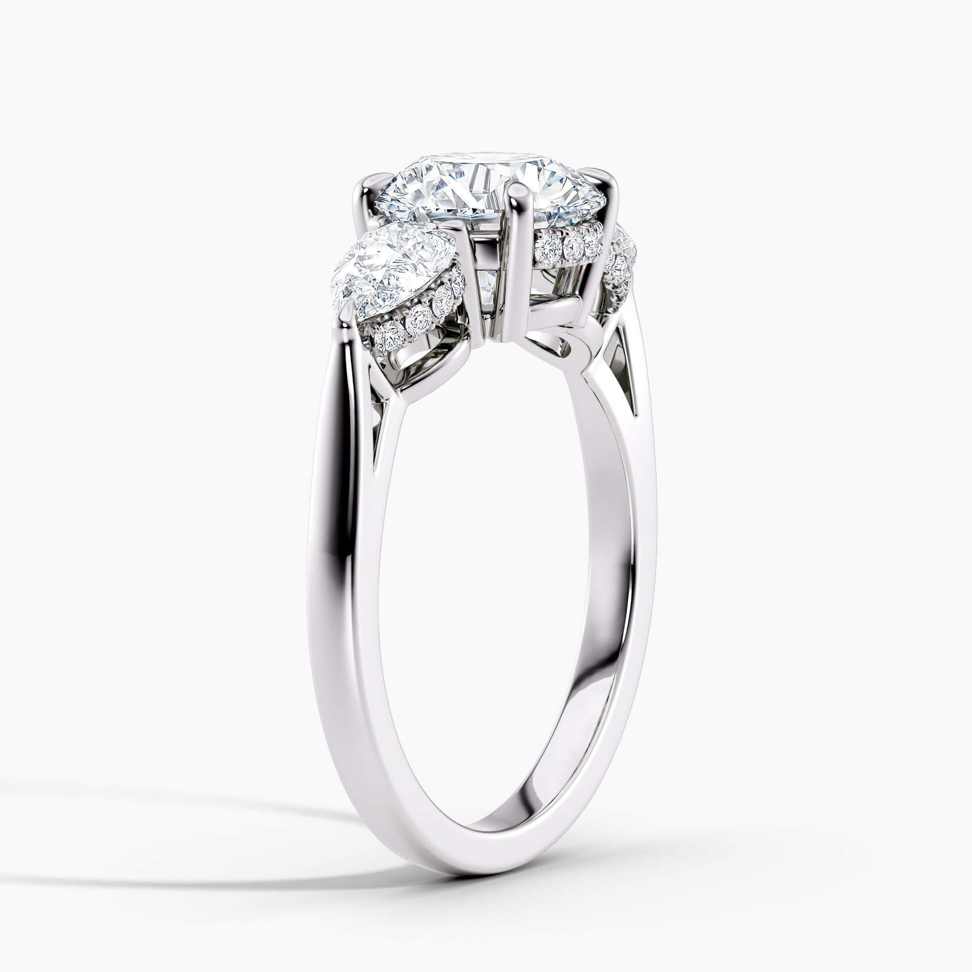 Modern Three Stone Hidden Halo Engagement Ring