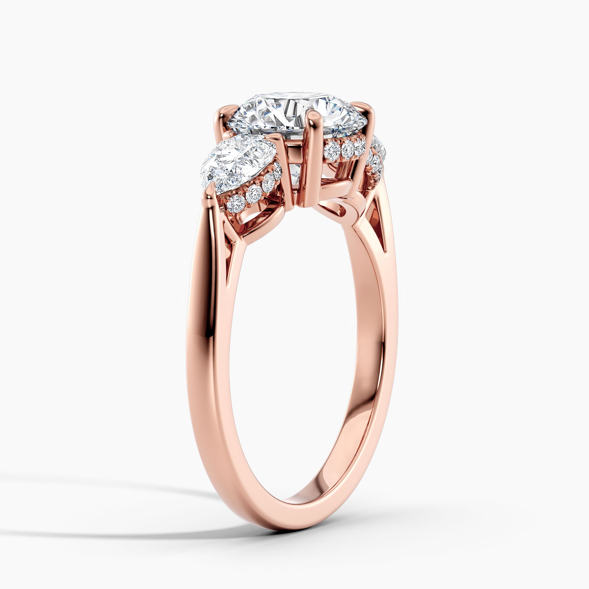 Modern Three Stone Hidden Halo Engagement Ring