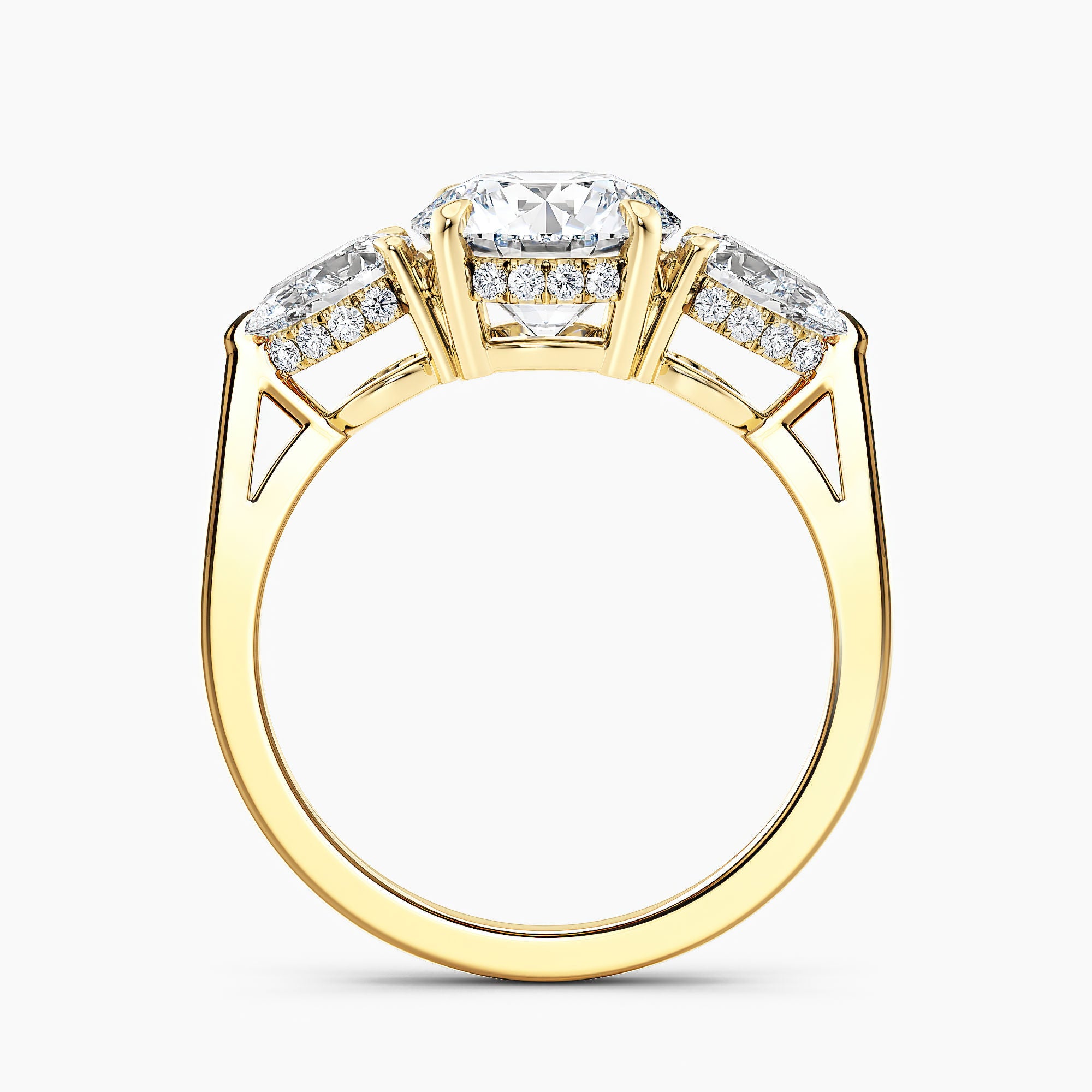 Modern Three Stone Hidden Halo Engagement Ring