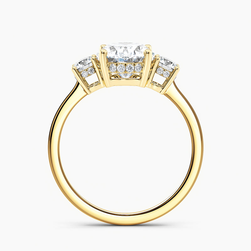Tapered Three Stone Oval Diamond Hidden Halo Engagement Ring