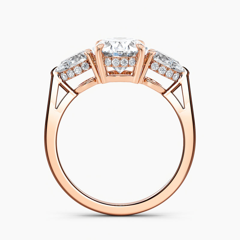 Modern Three Stone Oval Diamond Hidden Halo Engagement Ring