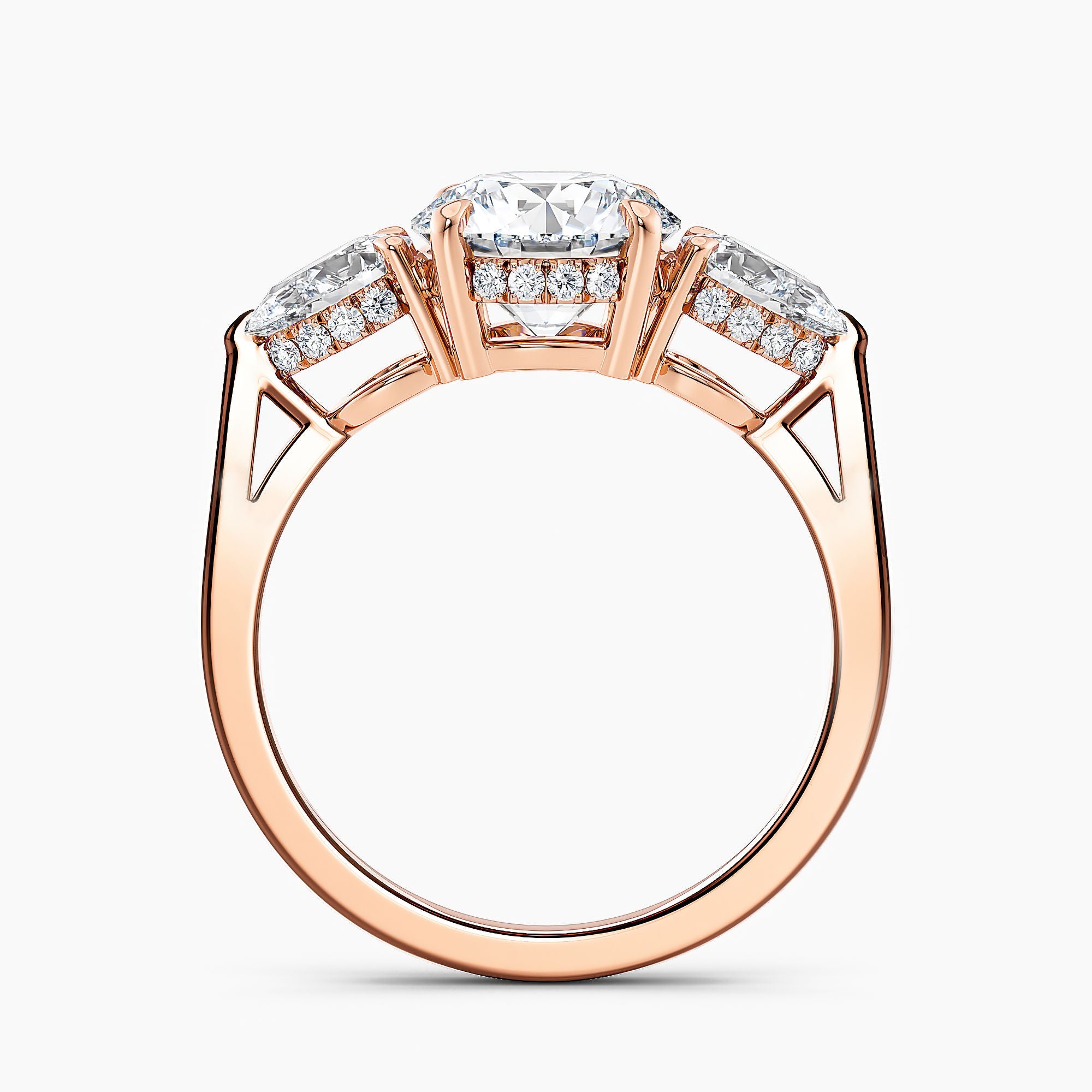 Modern Three Stone Oval Diamond Hidden Halo Engagement Ring