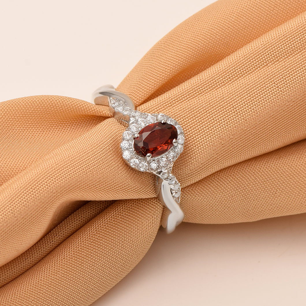 Garnet Halo Twisted Band Ring – Sterling Silver