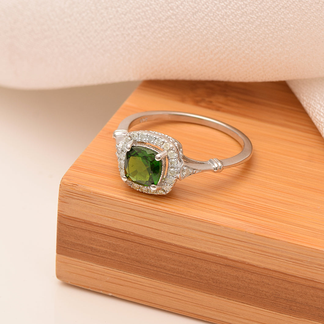 Green CZ Cushion Halo Ring - Sterling Silver