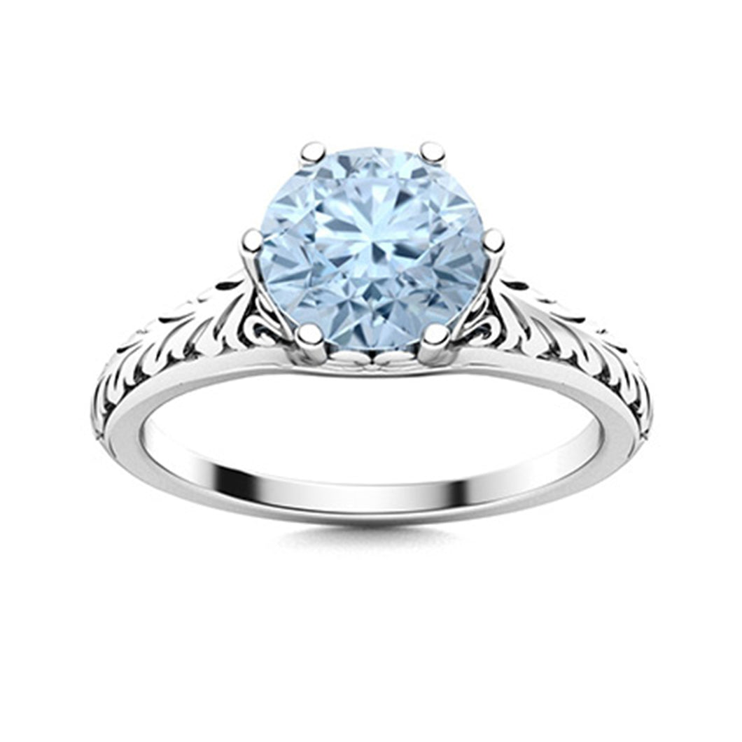 Aquamarine Engraved Leaf Band Ring – Sterling Silver