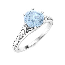 Load image into Gallery viewer, Aquamarine Engraved Leaf Band Ring – Sterling Silver
