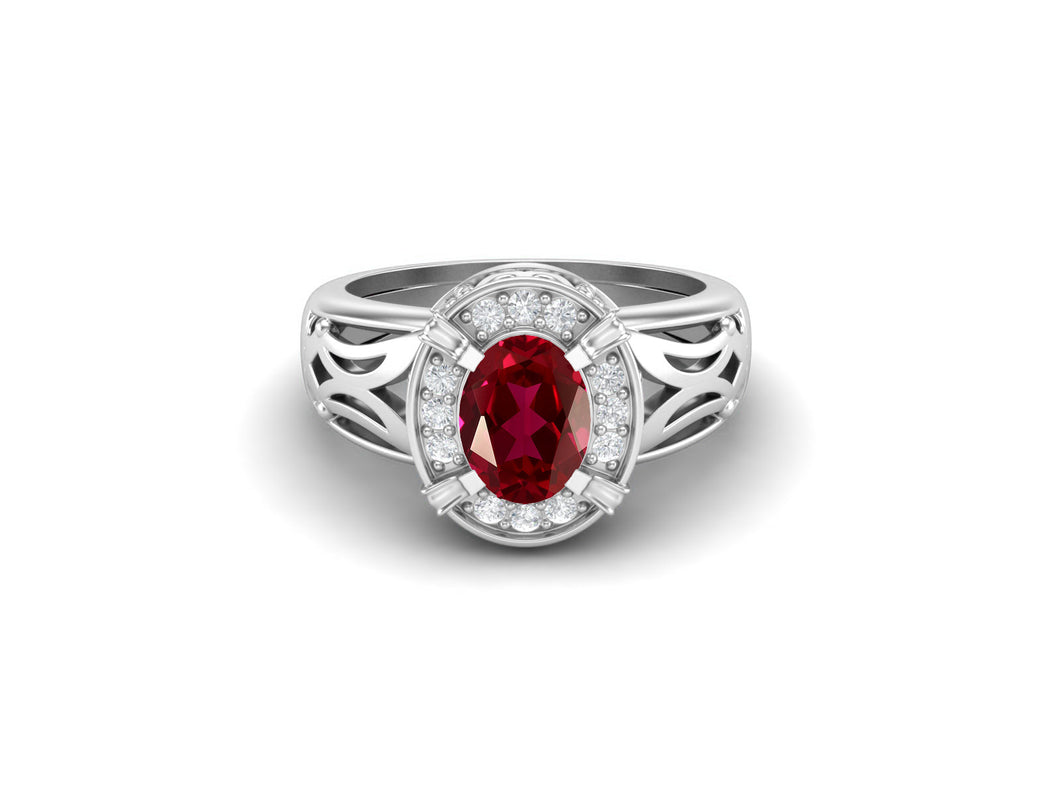 Ruby Oval Filigree Design Ring - Sterling Silver