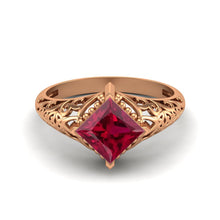 Load image into Gallery viewer, Ruby Princess Cut Intricate Filigree Ring - Sterling Silver
