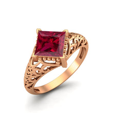 Load image into Gallery viewer, Ruby Princess Cut Intricate Filigree Ring - Sterling Silver
