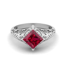 Load image into Gallery viewer, Ruby Princess Cut Intricate Filigree Ring - Sterling Silver
