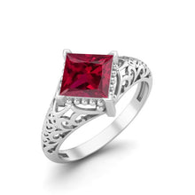 Load image into Gallery viewer, Ruby Princess Cut Intricate Filigree Ring - Sterling Silver
