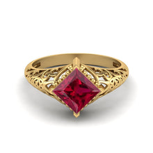 Load image into Gallery viewer, Ruby Princess Cut Intricate Filigree Ring - Sterling Silver
