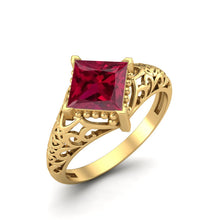 Load image into Gallery viewer, Ruby Princess Cut Intricate Filigree Ring - Sterling Silver
