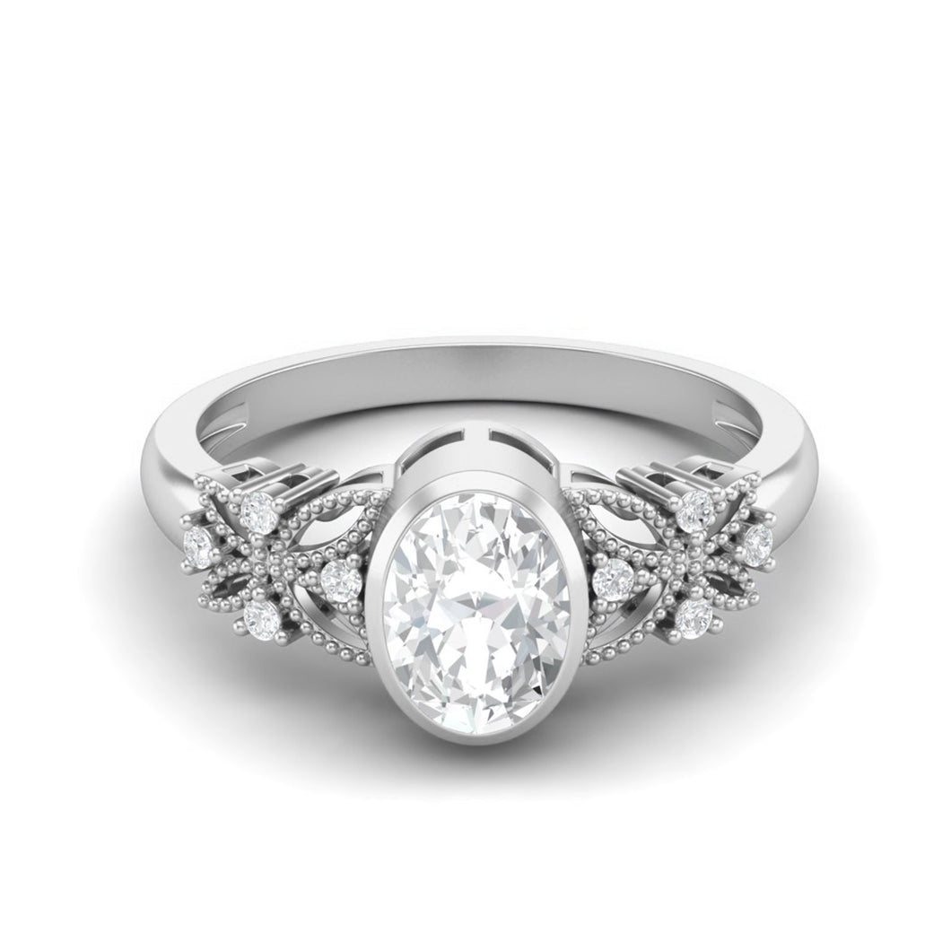 Moissanite Vintage Floral Accents Ring – Sterling Silver