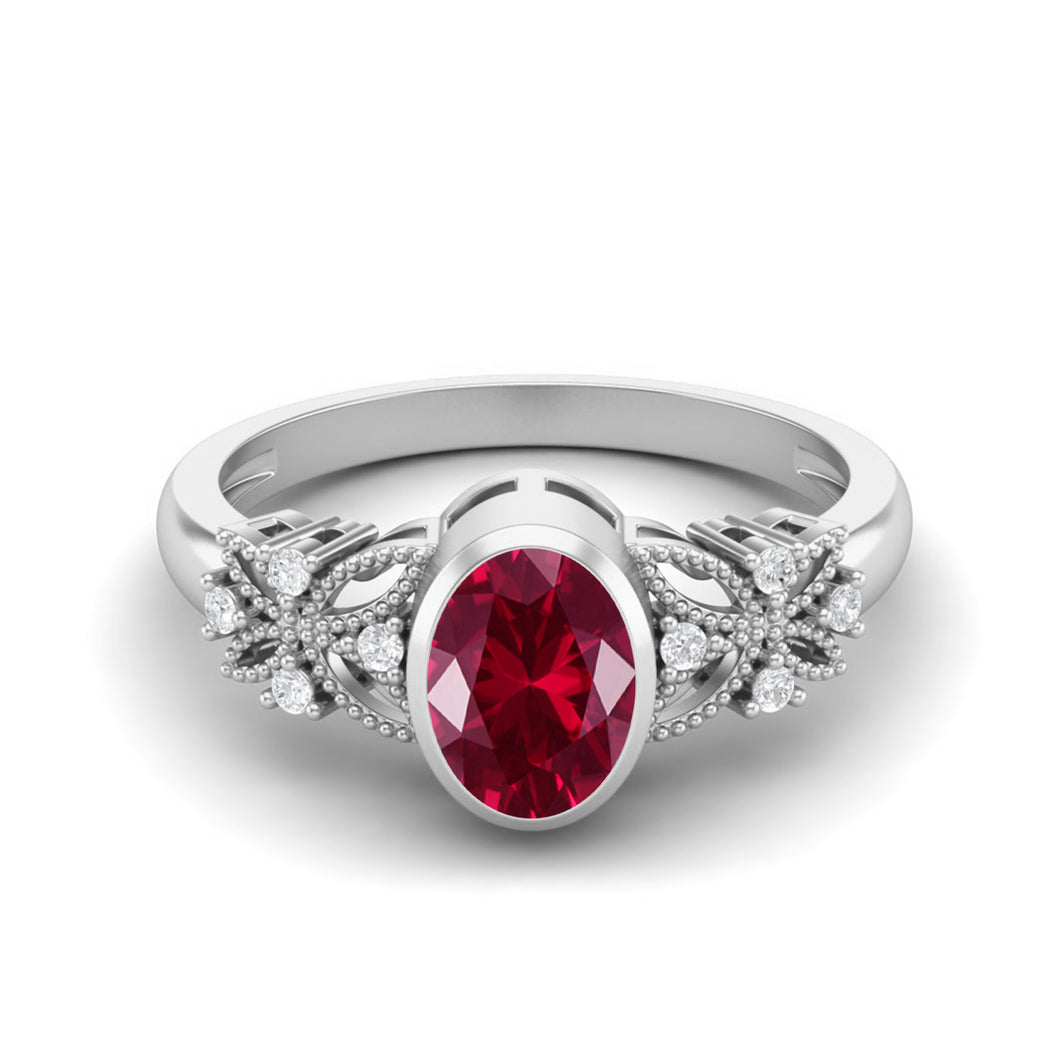 Ruby Floral Diamond Accents Ring - Sterling Silver