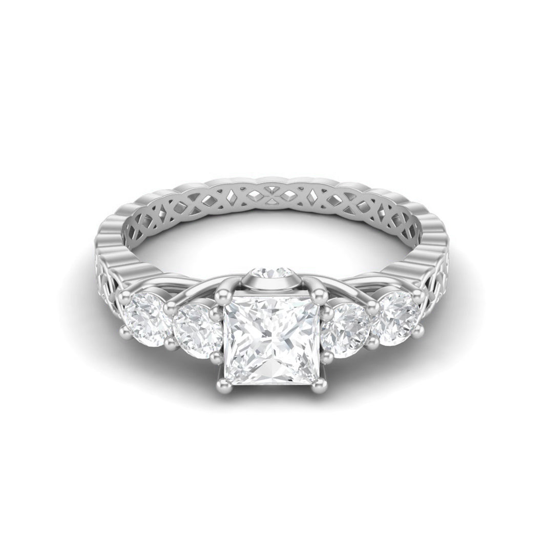 Moissanite Vintage Lattice Band Design Ring – Sterling Silver