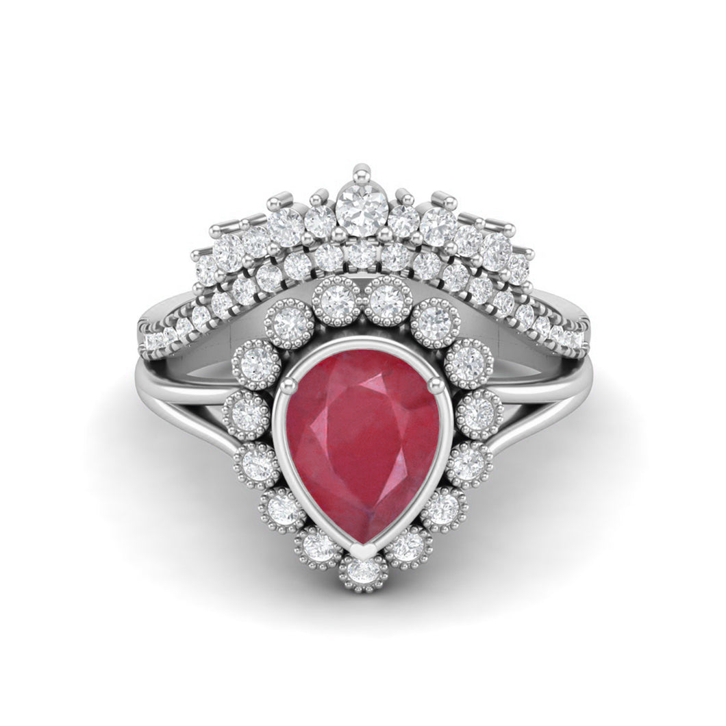 Ruby Halo Bridal Set Ring - Sterling Silver