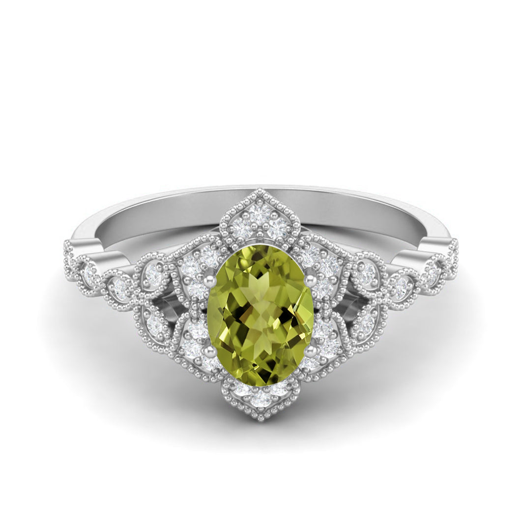 Peridot Vintage Royal Halo Design Ring – Sterling Silver