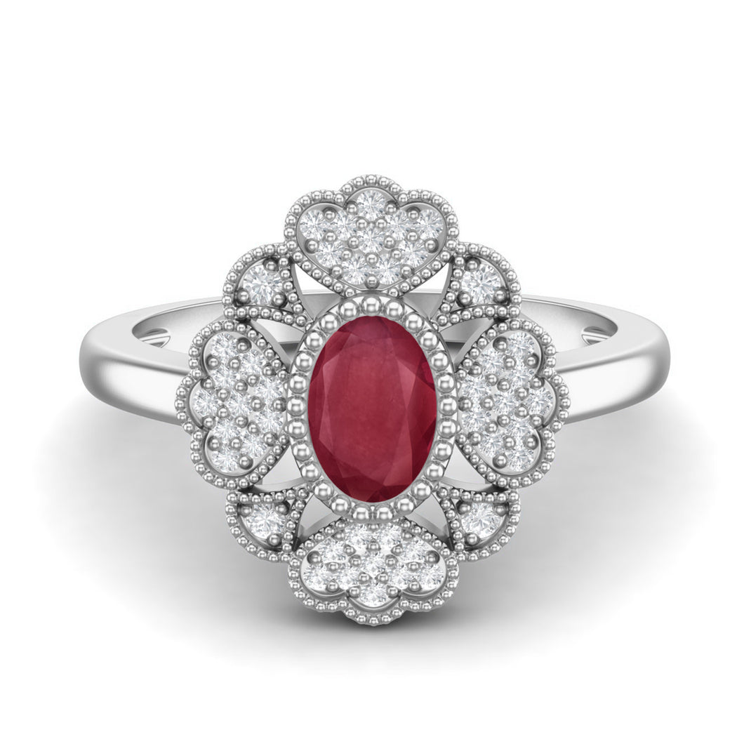 Ruby Floral Halo Ring - Sterling Silver