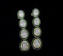 Load and play video in Gallery viewer, 2 CTW Diamond Polki Green Enamel Long Dangle Earrings
