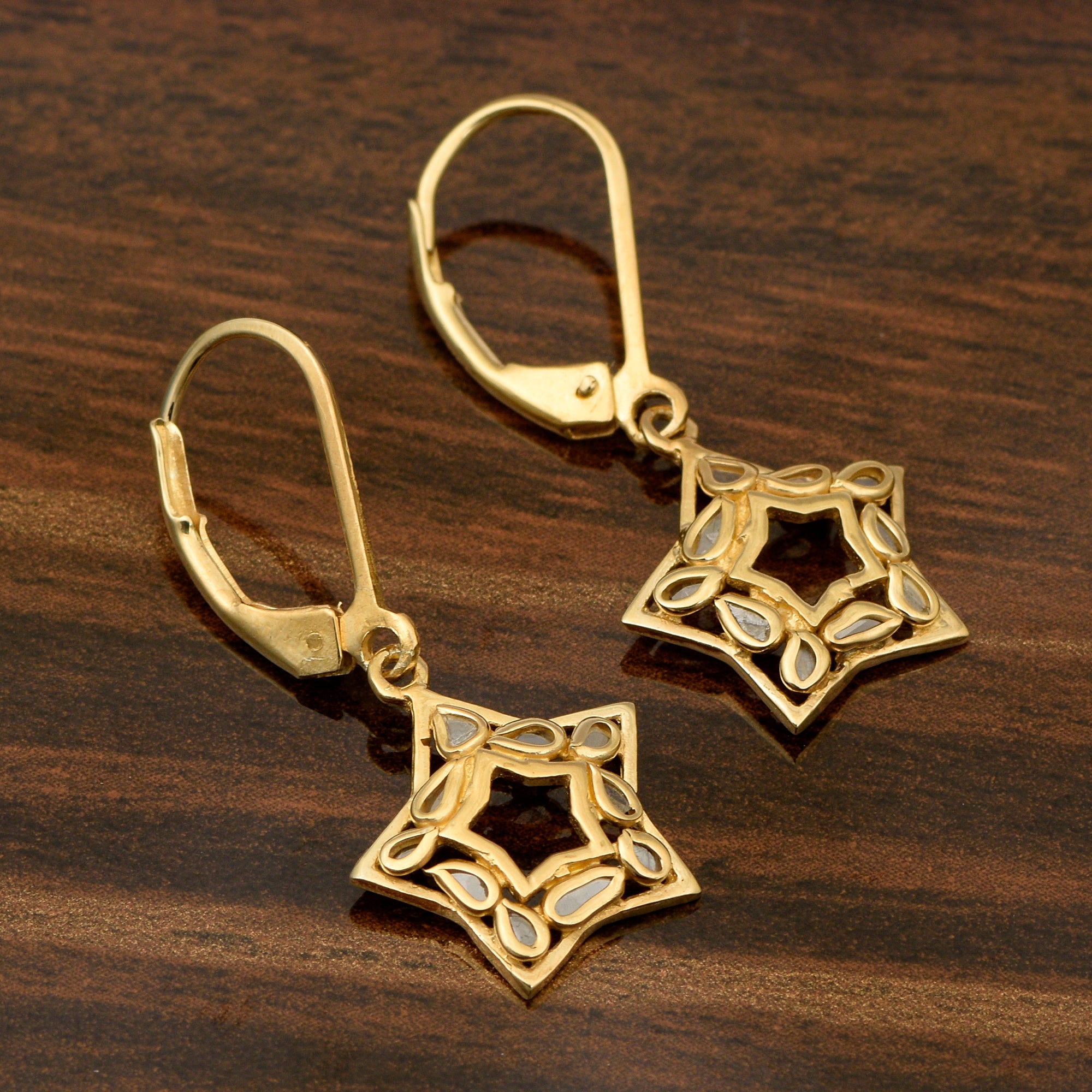 0.25 CTW Natural Polki Diamond Star Shape Lever Back Earrings